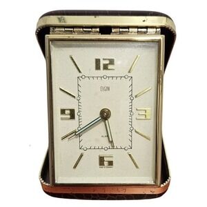 Vintage Elgin Travel Alarm Clock‎ Manual Wind Made in Germany Brown Croc Case